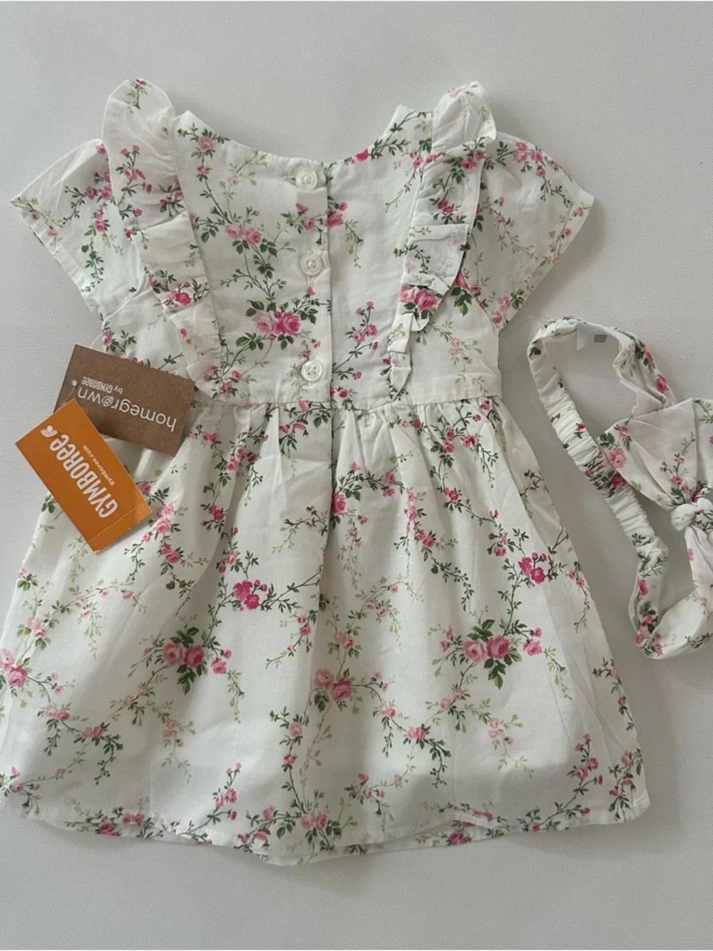 Gymboree 3-6 Months Baby Girl White Floral Smocked Dress Headband Set Organic